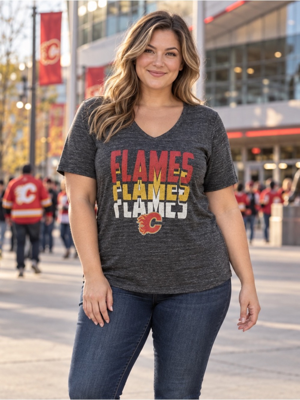 ’47 Calgary Flames V-Neck Graphic T-Shirt Women’s Large NHL Hockey Tee